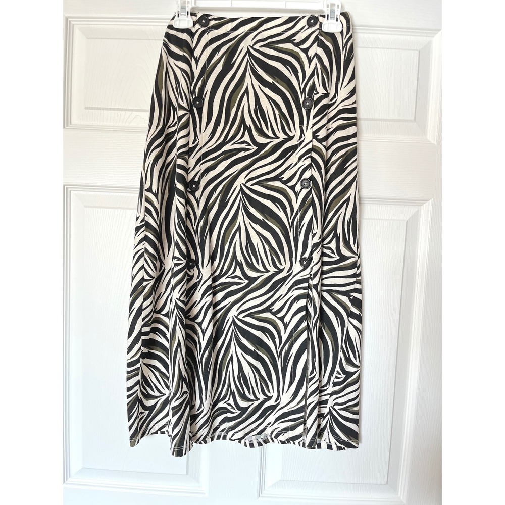 Sfera Basic Zebra Print Midi Skirt Black Olive Green Button Front Slit Size M
